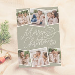 Cartes Pour Fêtes Annuelles Joyeux Noël Calligraphie Sage Green 6 Photos<br><div class="desc">Répandez des vacances joyeuses avec cette charmante carte photo de Noël verte à la sauge! Le devant présente "Joyeux Noël" en calligraphie manuscrite ludique, avec votre nom de famille et l'année cachée dans l'un des fleuris. Ajoutez une touche personnelle avec six photos personnalisées — trois en haut et trois en...</div>