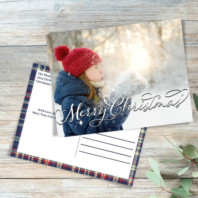 Cartes Pour Fêtes Annuelles Joyeux Noël Calligraphie Script Navy Blue Plaid (Merry Christmas silver script photo postcard. )