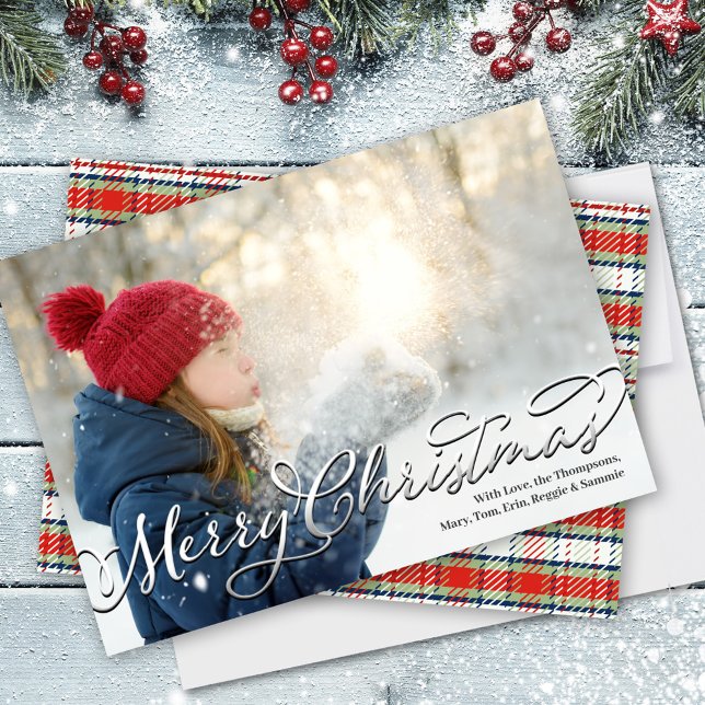 Cartes Pour Fêtes Annuelles Joyeux Noël Calligraphie Script Red Plaid (Merry Christmas Calligraphy Script Photo Greeting Card)