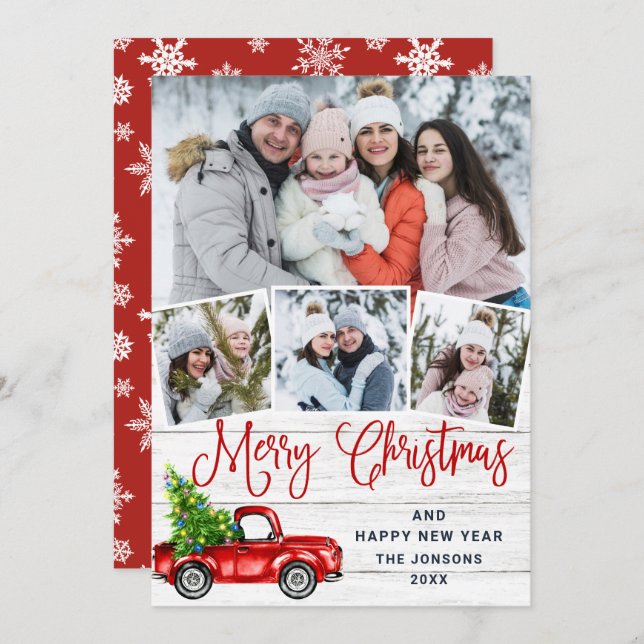 Cartes Pour Fêtes Annuelles Joyeux Noël Camion de ferme rouge 4 Photo (Devant / Derrière)