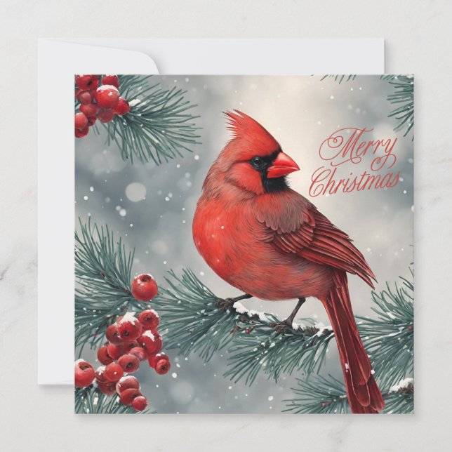 Cartes Pour Fêtes Annuelles Joyeux Noël Cardinal Rouge et Berries (Devant)