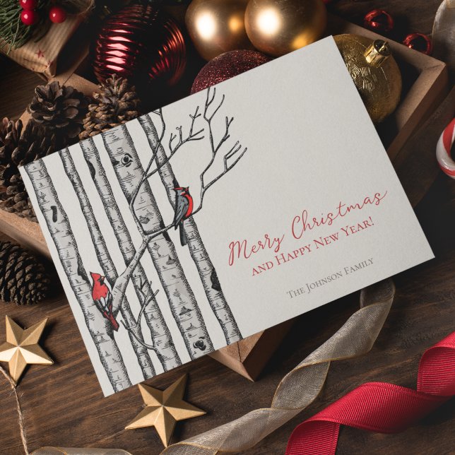 Cartes Pour Fêtes Annuelles Joyeux Noël Cardinals Branches de bijoux Photo (Elegant & Modern Hand-Drawn Merry Christmas Red Cardinal Birds Perched on Birch Tree Branches.)
