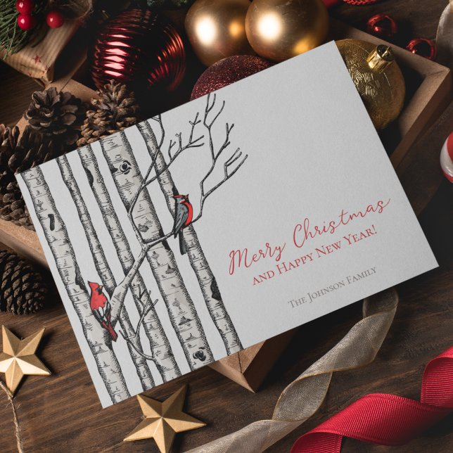Cartes Pour Fêtes Annuelles Joyeux Noël Cardinals Branches de bijoux Photo (Elegant & Modern Hand-Drawn Merry Christmas Red Cardinal Birds Perched on Birch Tree Branches.)