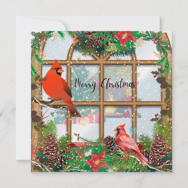 Cartes Pour Fêtes Annuelles Joyeux Noël Cardinaux rouges sur les branches de f (Devant)