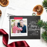 Cartes Pour Fêtes Annuelles Joyeux Noël Chalkboard Style de lettres<br><div class="desc">Envoyez des salutations de vacances charmantes et fantastiques avec cette carte postale de Noël abordable qui met votre photo préférée dans un cadre de film instantané avec un joli accent rouge et rose sur bande Washi graphique à côté de lettrage style loopy blanc, Joyeux texte de Noël sur un arrière...</div>