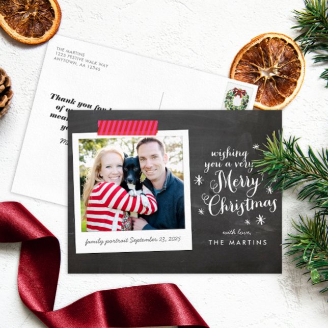 Cartes Pour Fêtes Annuelles Joyeux Noël Chalkboard Style de lettres (Whimsical chalkboard lettering and striped Washi tape style instant photo frame holiday postcard)