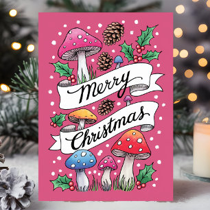 Cartes Pour Fêtes Annuelles Joyeux Noël Champignon Rose Forêt de Bois
