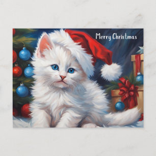 Cartes Pour Fêtes Annuelles Joyeux Noël Chat blanc et Arbre de Noël