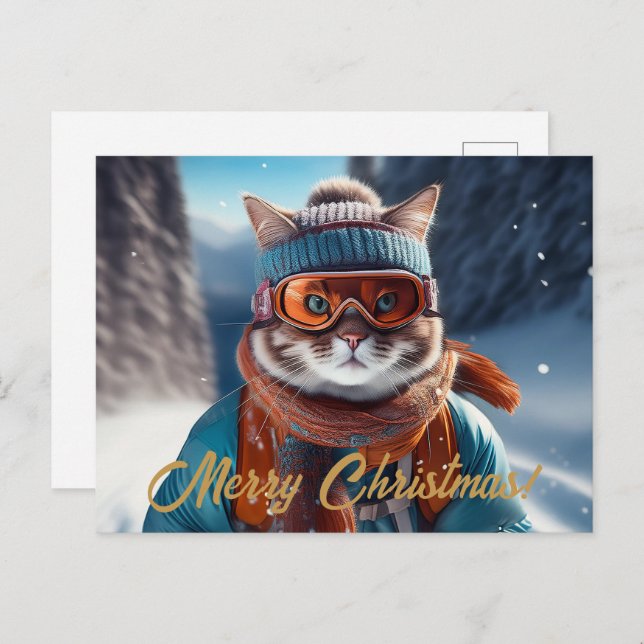 Cartes Pour Fêtes Annuelles Joyeux Noël Chat ski (Devant / Derrière)