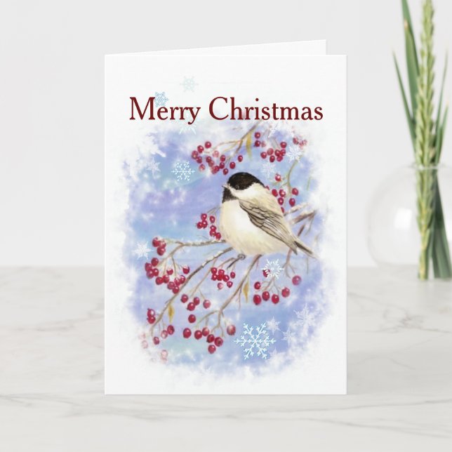 Cartes Pour Fêtes Annuelles Joyeux Noël Chickadee Hiver Oiseau Écriture (Devant)