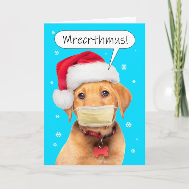 Cartes Pour Fêtes Annuelles Joyeux Noël Chien Bavard Emmitouflé avec un Masque (Devant)
