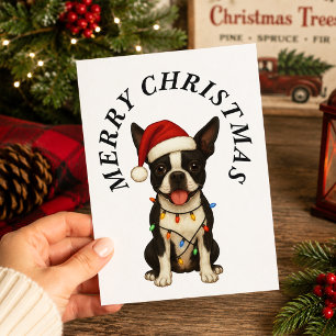 Cartes Pour Fêtes Annuelles Joyeux Noël Chien Boston Terrier Mignon Chapeau de