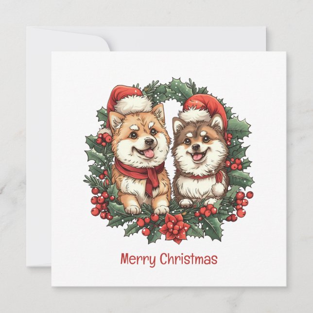 Cartes Pour Fêtes Annuelles Joyeux Noël Chiens Poméraniens Mistletoe Wreath (Devant)