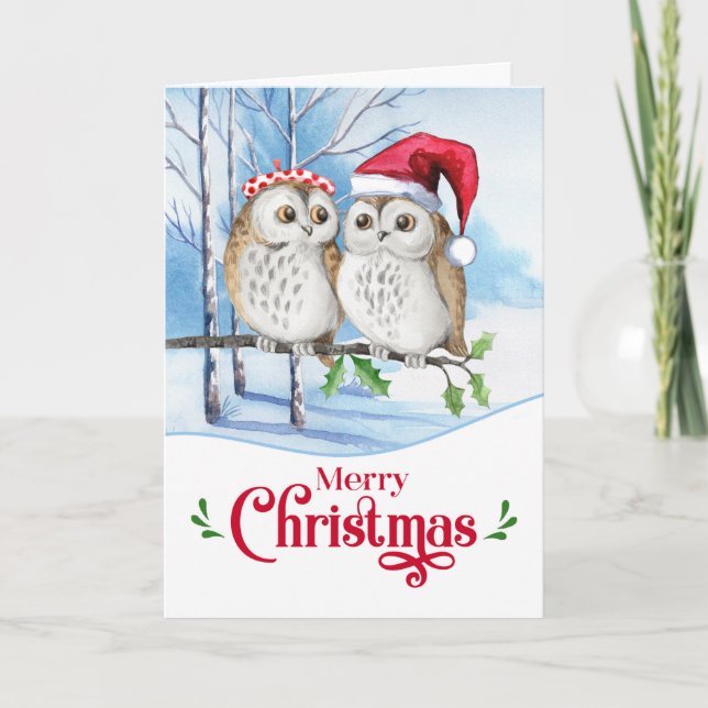 Cartes Pour Fêtes Annuelles Joyeux Noël Chouette Bois Couple (Devant)