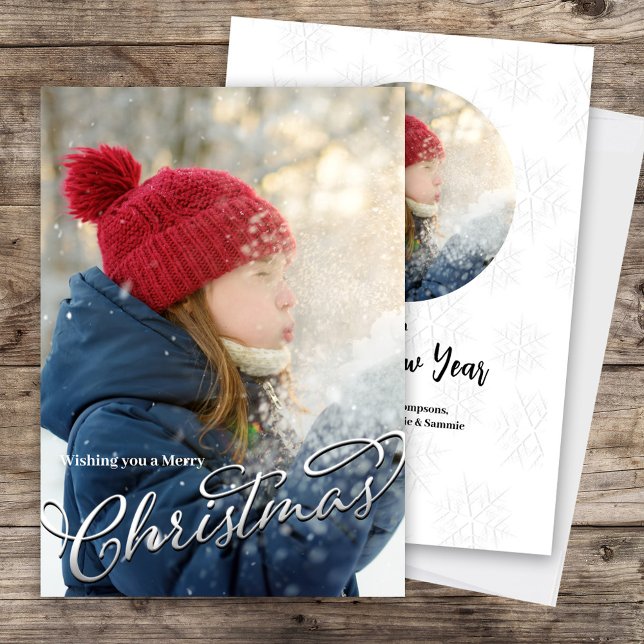 Cartes Pour Fêtes Annuelles Joyeux Noël Classic Calligraphie Argent Script (Merry Christmas Silver Calligraphy Script Photo Card)