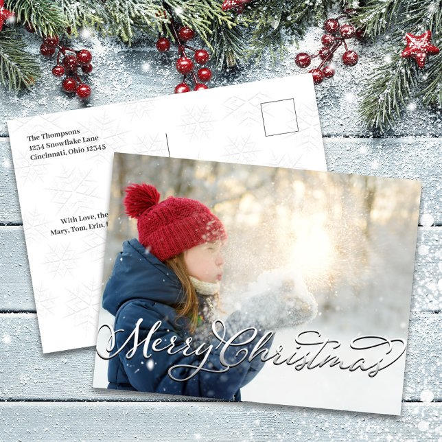 Cartes Pour Fêtes Annuelles Joyeux Noël Classic Calligraphie Argent Script (Merry Christmas Holiday Photo Postcard Template)