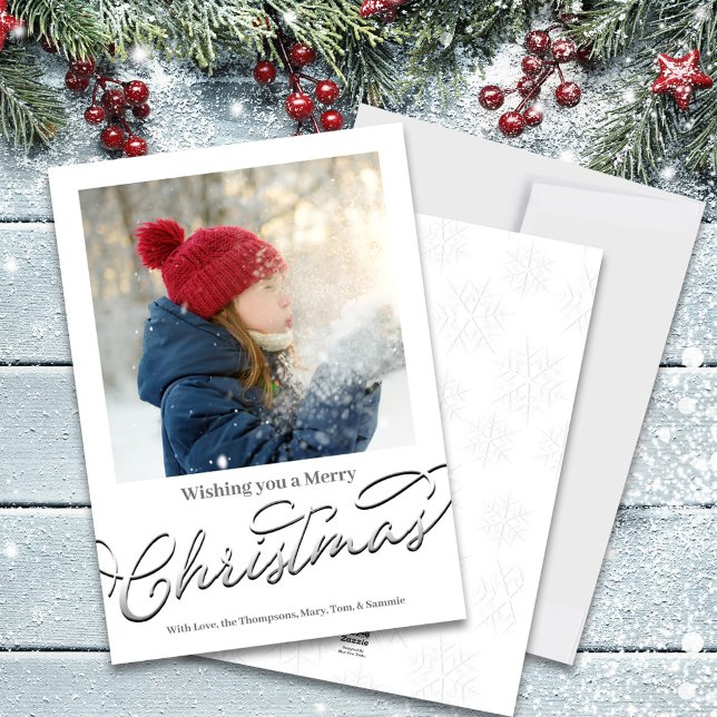 Cartes Pour Fêtes Annuelles Joyeux Noël Classic Calligraphie Argent Script (Wishing you a Merry Christmas Holiday Photo Card)