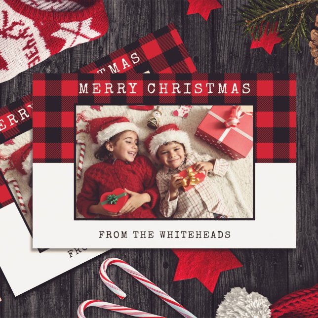 Cartes Pour Fêtes Annuelles Joyeux Noël classique Buffle Rouge Plaid Photo Ho (Créateur téléchargé)