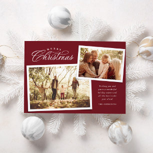 Cartes Pour Fêtes Annuelles Joyeux Noël classique deux photos bordeaux rouge