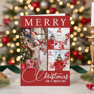 Cartes Pour Fêtes Annuelles Joyeux Noël Classique Trois Photo Rouge Et Blanc
