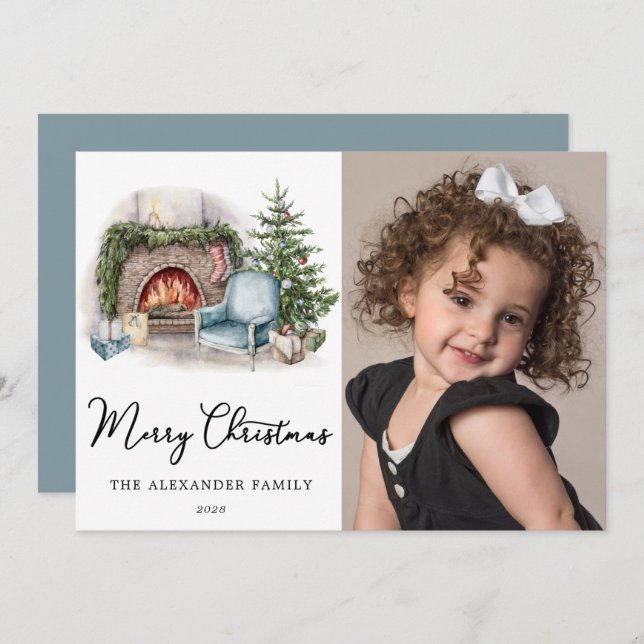 Cartes Pour Fêtes Annuelles Joyeux Noël Cosy Aquarelle Accueil Photo Vacances (Devant / Derrière)