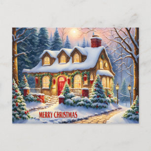 Cartes Pour Fêtes Annuelles Joyeux Noël Cosy Cottage Vintage en Forêt