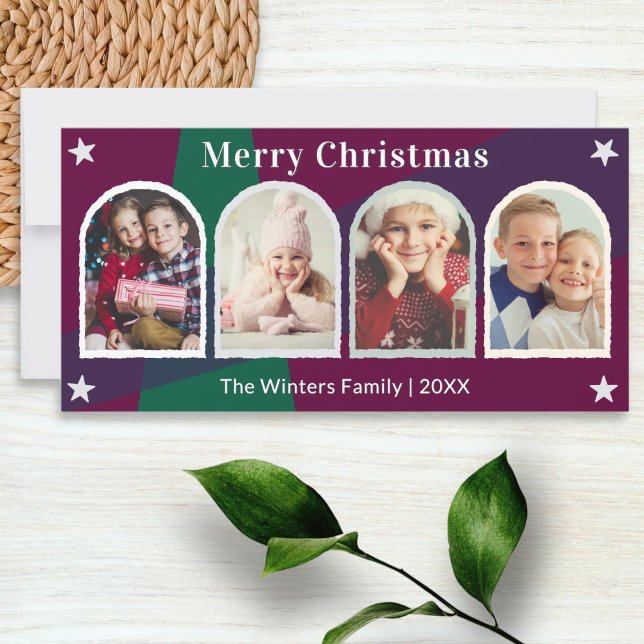 Cartes Pour Fêtes Annuelles Joyeux Noël Couleurs foncées 4 Photos Galerie (A Christmas card in plum and dark green, with custom text and 4 arch shaped frames for your photos)