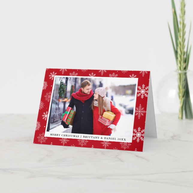 Cartes Pour Fêtes Annuelles Joyeux Noël Couple photo Snowflakes Rouge (Devant)