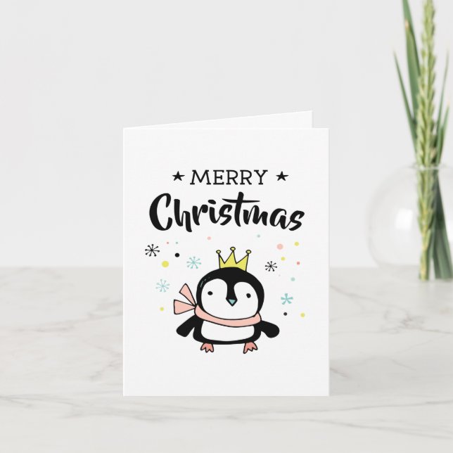Cartes Pour Fêtes Annuelles Joyeux Noël couronne d'or de pingouin mignon (Devant)