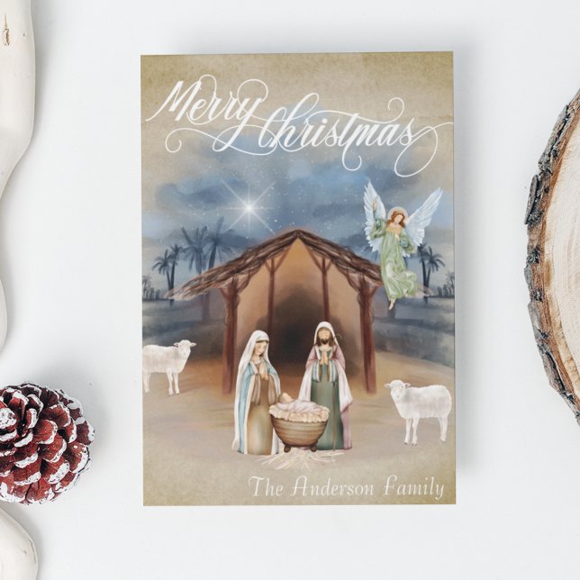 Cartes Pour Fêtes Annuelles Joyeux Noël Crèche de la Nativité Aquarelle (Créateur téléchargé)