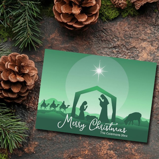 Cartes Pour Fêtes Annuelles Joyeux Noël Crèche Vert Religieux (Créateur téléchargé)