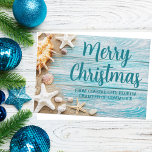 Cartes Pour Fêtes Annuelles Joyeux Noël Cute Beach Entreprise Coquillage perso<br><div class="desc">Une carte de séjour sur mesure pour une entreprise d'île tropicale. Customisez cette jolie carte de Noël en bois bleu turquoise et en coquillages avec votre nom de société balnéaire ou autre texte professionnel côtier.</div>