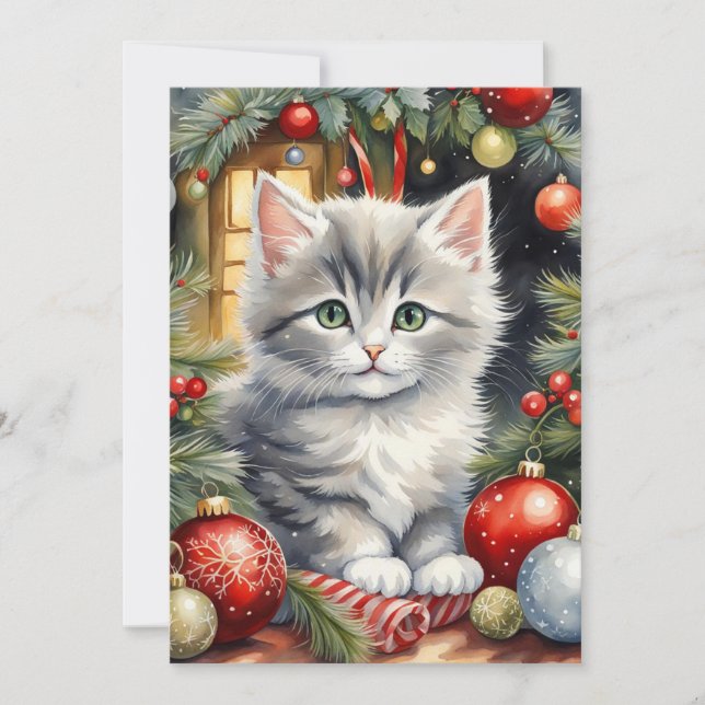 Cartes Pour Fêtes Annuelles Joyeux Noël Cute Kitten avec ornements (Devant)