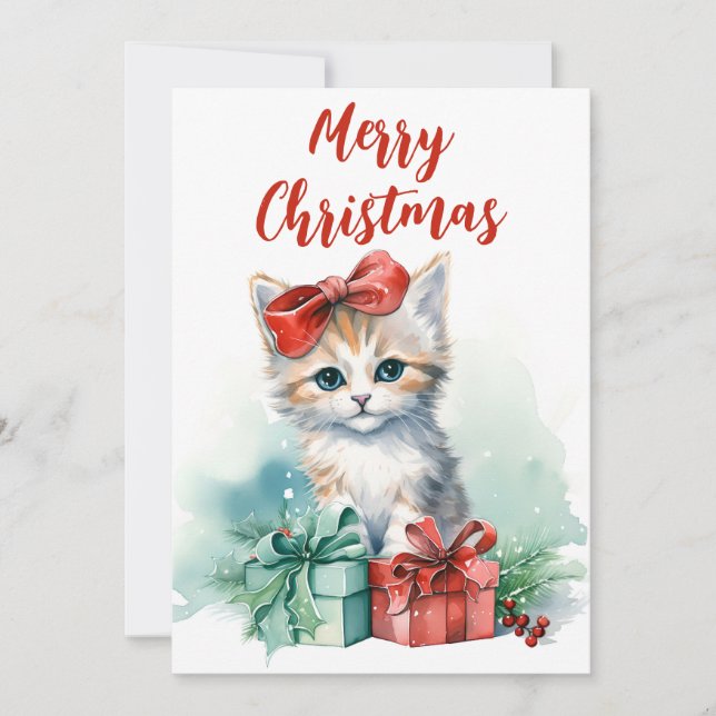 Cartes Pour Fêtes Annuelles Joyeux Noël Cute Kitten et cadeaux de Noël (Devant)