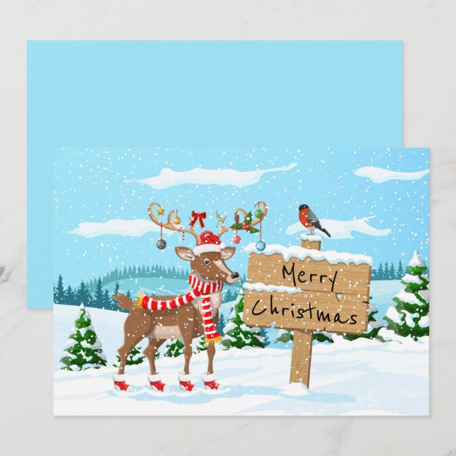 Cartes Pour Fêtes Annuelles Joyeux Noël Cute Rudolph et oiseau (Devant / Derrière)