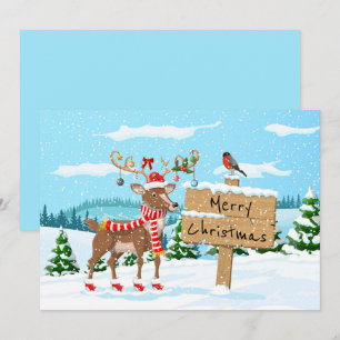 Cartes Pour Fêtes Annuelles Joyeux Noël Cute Rudolph et oiseau