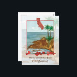 Cartes Pour Fêtes Annuelles Joyeux Noël de California Beach Palm Trees<br><div class="desc">Joyeux voeux de Noël de Californie avec une aquarelle illustrant une plage en hiver avec des palmiers et des vagues douces frappant le rivage accentué par une branche de baies d'hiver et la forme de l'état peint à la main avec de l'aquarelle. Excellent moyen d'envoyer des voeux de vacances à...</div>
