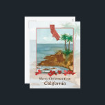 Cartes Pour Fêtes Annuelles Joyeux Noël de California Beach Palm Trees<br><div class="desc">Joyeux voeux de Noël de Californie avec une aquarelle illustrant une plage en hiver avec des palmiers et des vagues douces frappant le rivage accentué par une branche de baies d'hiver et la forme de l'état peint à la main avec de l'aquarelle. Excellent moyen d'envoyer des voeux de vacances à...</div>