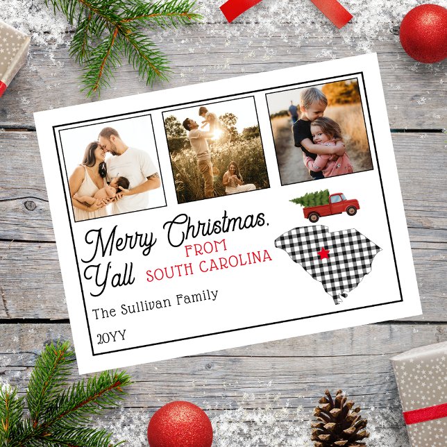 Cartes Pour Fêtes Annuelles Joyeux Noël de Caroline du Sud (Rustic "Merry Christmas Y'all from South Carolina" Three Photo and State Holiday Postcard)
