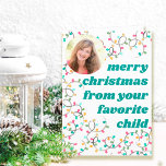 Cartes Pour Fêtes Annuelles Joyeux Noël de Favori Enfant Photo<br><div class="desc">Carte photo de vacances amusant décoré de lumières à cordes colorées de Noël et de typographie rétro audacieuse et surdimensionnée. Le modèle photo est configuré pour que vous puissiez ajouter votre image, qui est affichée en format rond sur le capot avant. (Si vous éprouvez des difficultés à mettre votre photo...</div>