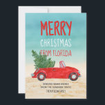Cartes Pour Fêtes Annuelles Joyeux Noël De Floride Tropical Beach<br><div class="desc">Ce Joyeux Noël de la carte Floride est notre version du fabuleux pick-up rouge régions enneigées du monde envoient cette saison des Fêtes. Il dispose d'une convertible rouge — haut en bas, bien sûr ! — avec un sapin de Noël arrimé sur le siège arrière en rentrant à la maison...</div>