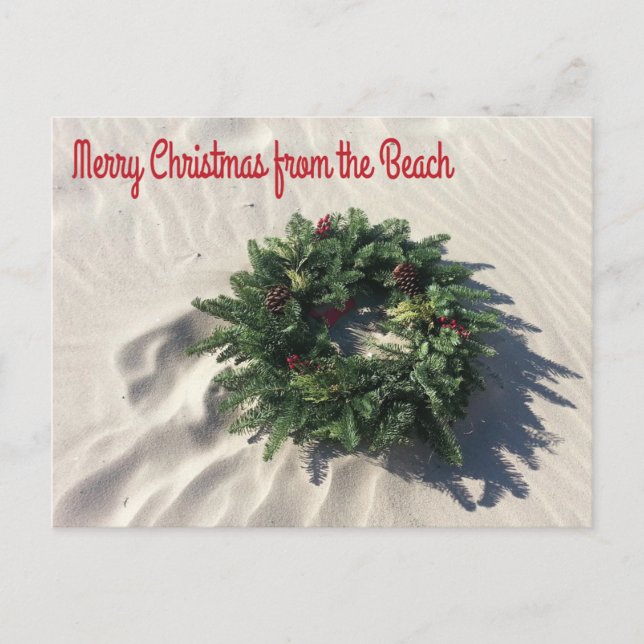 Cartes Pour Fêtes Annuelles Joyeux Noël de la couronne de plage sur le sable (Devant)
