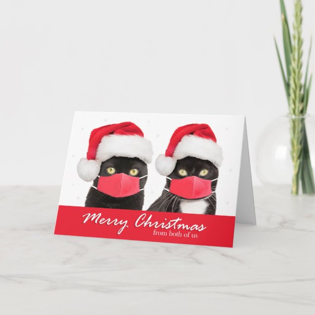 Cartes Pour Fêtes Annuelles Joyeux Noël de la part des deux chats avec masques (Devant)
