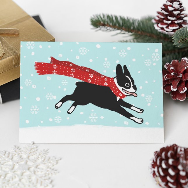 Cartes Pour Fêtes Annuelles Joyeux Noël de neige hivernale de Boston Terrier (Créateur téléchargé)