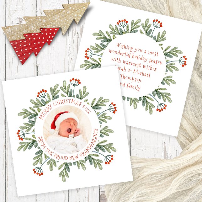 Cartes Pour Fêtes Annuelles Joyeux Noël de nouveaux grands-parents Photo (Front and back view)