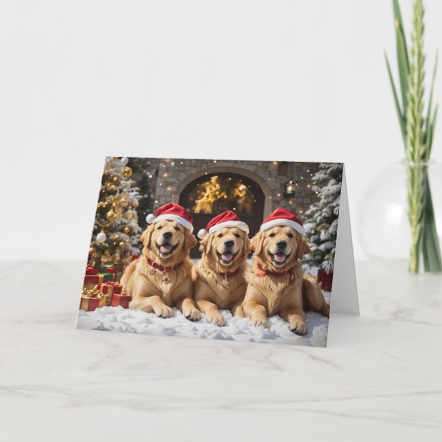 Cartes Pour Fêtes Annuelles Joyeux Noël de Père Noël Golden Retrivers (Devant)