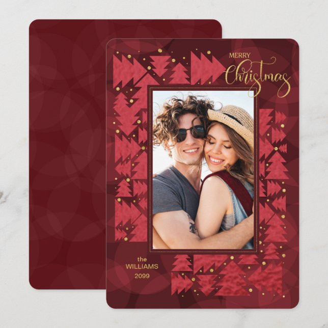 Cartes Pour Fêtes Annuelles Joyeux Noël Deep Red Holiday Trees Photo (Devant / Derrière)