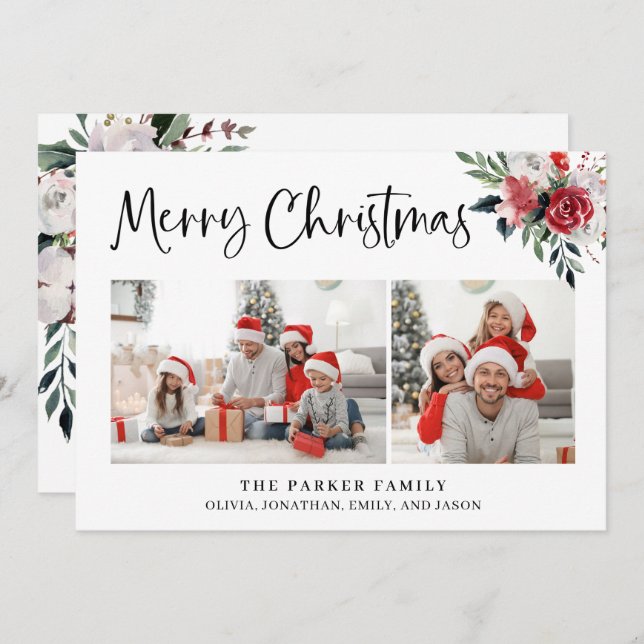 Cartes Pour Fêtes Annuelles Joyeux Noël | Deux photos et aquarelle Floral (Devant / Derrière)