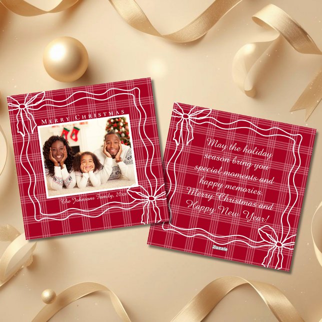 Cartes Pour Fêtes Annuelles joyeux noël doodé arc photo blanc rouge plaid (Créateur téléchargé)