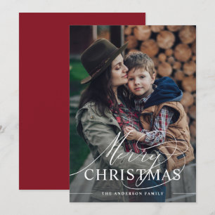 Cartes Pour Fêtes Annuelles Joyeux Noël   Écriture Élégante Photo Merlot Rouge